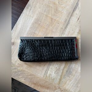 Cache Black Crocodile-Embossed Clutch